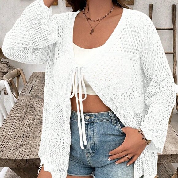White Casual Women's Plus Size Knit Hollow Tie Up Cover Up - Picture 4 of 6
